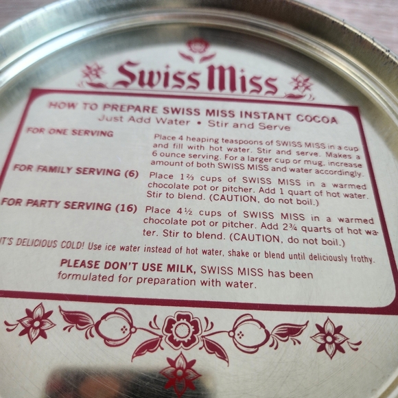 VINTAGE 70s SWISS MISS Brown Gold Girl Boy Floral Flower Circle Tin and Lid - Picture 8 of 10